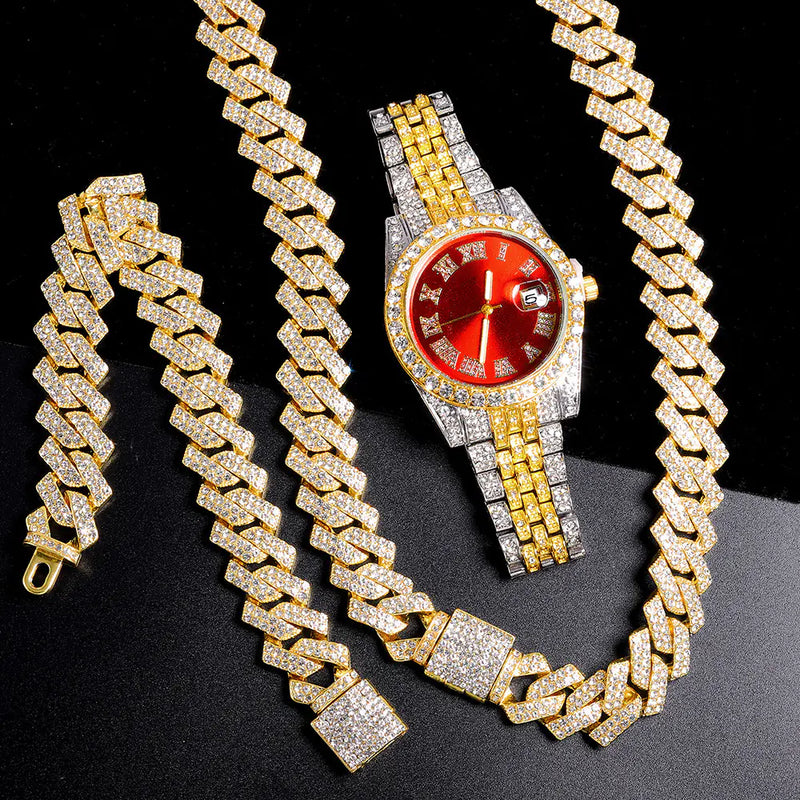 Fashionable Diamond-Studded Hip-Hop Quartz Watch Set (3pcs)