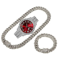 Fashionable Diamond-Studded Hip-Hop Quartz Watch Set (3pcs)