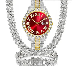 Fashionable Diamond-Studded Hip-Hop Quartz Watch Set (3pcs)