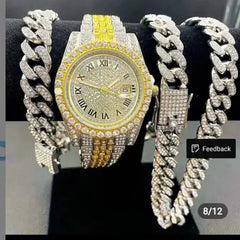 Fashionable Diamond-Studded Hip-Hop Quartz Watch Set (3pcs)