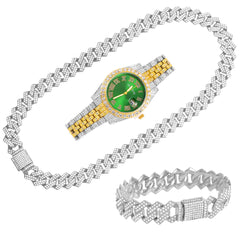 Fashionable Diamond-Studded Hip-Hop Quartz Watch Set (3pcs)