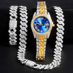 Fashionable Diamond-Studded Hip-Hop Quartz Watch Set (3pcs)