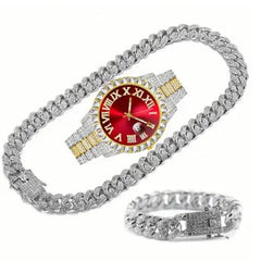 Fashionable Diamond-Studded Hip-Hop Quartz Watch Set (3pcs)