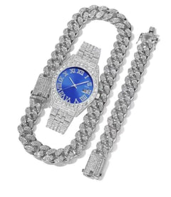 Fashionable Diamond-Studded Hip-Hop Quartz Watch Set (3pcs)