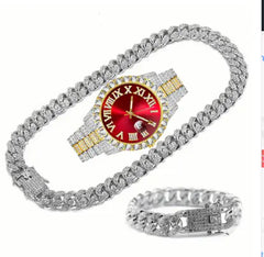 Fashionable Diamond-Studded Hip-Hop Quartz Watch Set (3pcs)