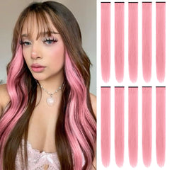 22 inch Colored Hair Extensions Straight Hairpiece, Multi-colors Party Highlights Clip in Synthetic Hair Extensions for Kids Women Gift (10 PCS Pink)