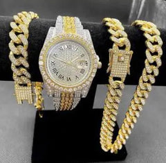 Fashionable Diamond-Studded Hip-Hop Quartz Watch Set (3pcs)