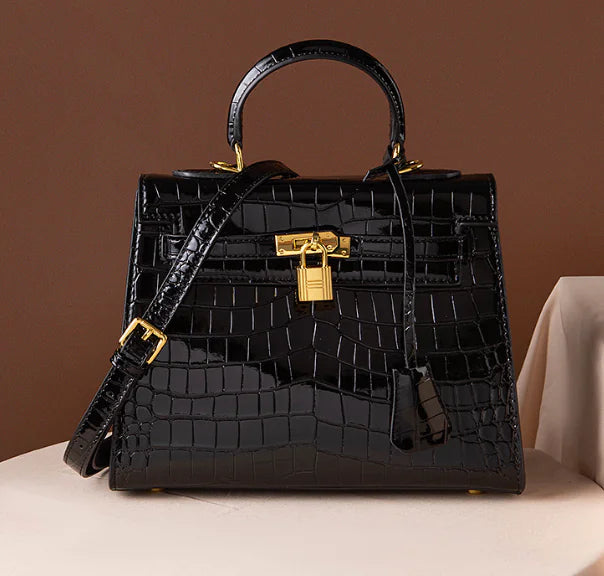 Genuine Leather Crossbody Bag with Crocodile Pattern