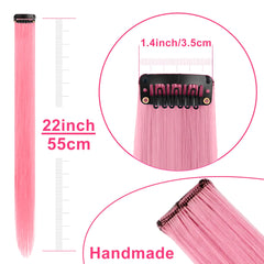 22 inch Colored Hair Extensions Straight Hairpiece, Multi-colors Party Highlights Clip in Synthetic Hair Extensions for Kids Women Gift (10 PCS Pink)