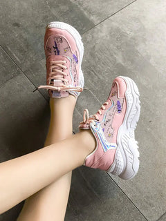 Women's Casual White Sneakers - Trendy Flat Dad Shoes