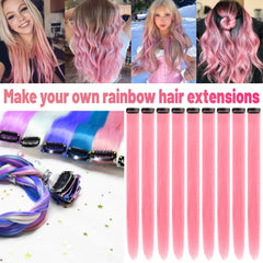 22 inch Colored Hair Extensions Straight Hairpiece, Multi-colors Party Highlights Clip in Synthetic Hair Extensions for Kids Women Gift (10 PCS Pink)