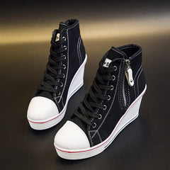 Women's High Heeled Canvas Shoes with Side Zipper